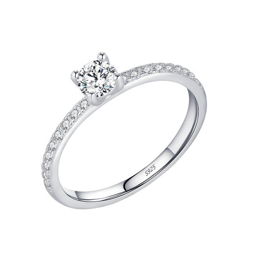 Anel de Prata Noivado Aliança Pedra Diamante Cravejada